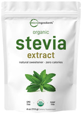 Micro Ingredients Pure Organic Stevia Powder bottle highlights Reb-A formula and zero calories.