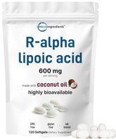 Micro Ingredients R-ALA 600mg coconut oil softgel bottle emphasizing enhanced absorption.