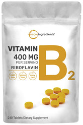 Micro Ingredients riboflavin bottle pour shows easy-to-swallow tablets for daily energy support.