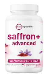 Micro Ingredients Saffron+ bottle with filler-free capsules for daily wellness.