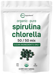 Micro Ingredients spirulina-chlorella mini tablets in packaging, convenient daily vegan supplement.