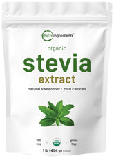 Micro Ingredients Stevia Powder tub showing pure organic sweetener for baking and beverages.