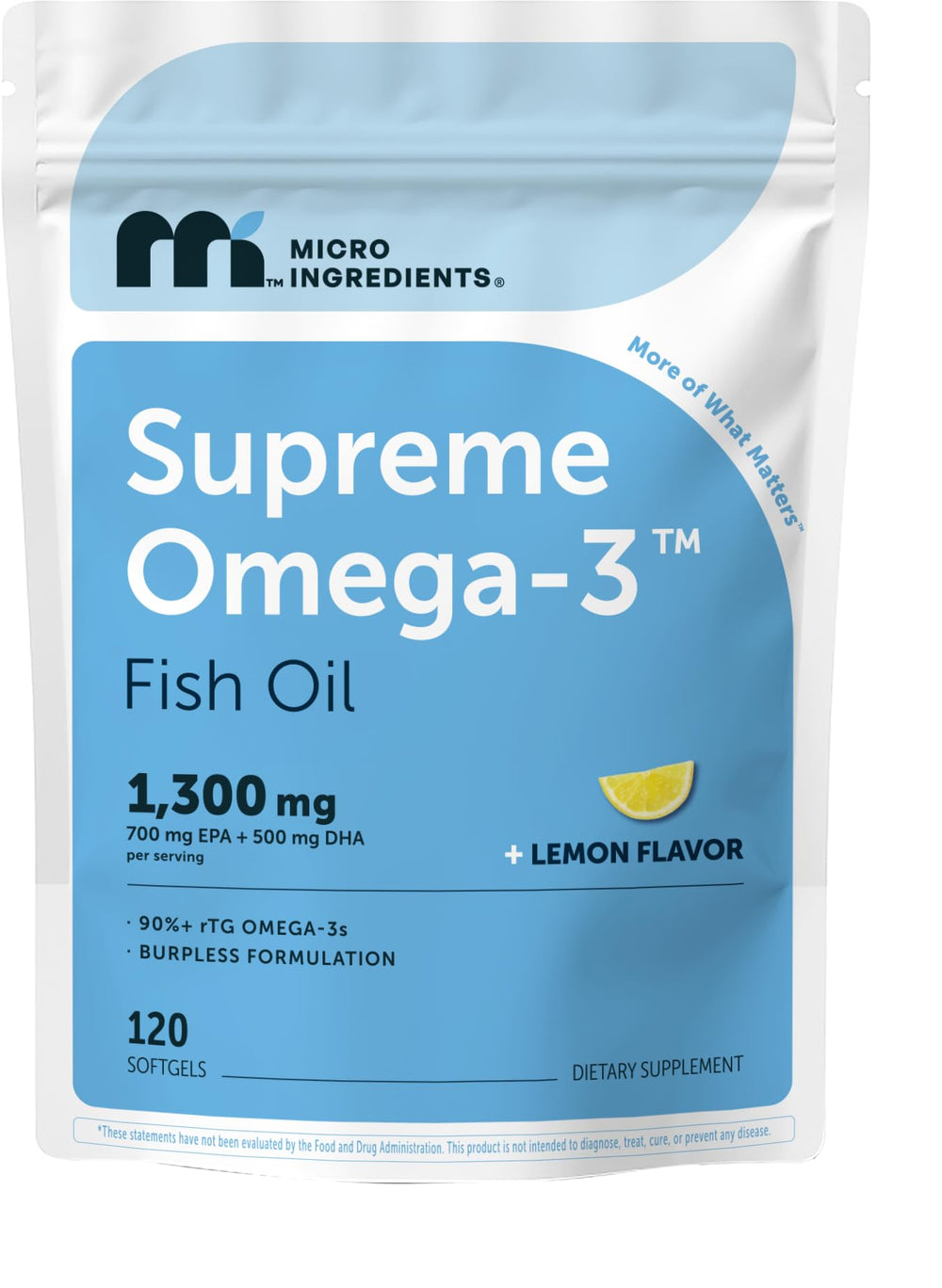 Micro Ingredients Supreme Omega-3 bottle with lemon-flavored burpless softgels for easy daily intake.