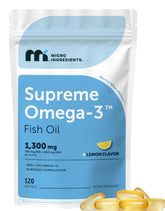 Micro Ingredients Supreme Omega-3 bottle with lemon-flavored burpless softgels for easy daily intake.
