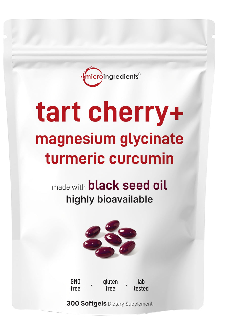 Micro Ingredients Tart Cherry+ softgels with black seed oil carrier for optimized absorption.