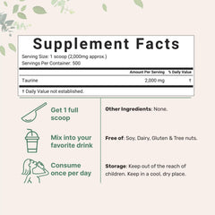 Micro Ingredients taurine powder scoop highlighting 2000 mg serving size