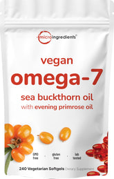 Micro Ingredients vegan omega-7 sea buckthorn oil bottle for daily plant-based support and convenient softgels.