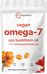 Micro Ingredients vegan omega-7 sea buckthorn oil bottle for daily plant-based support and convenient softgels.