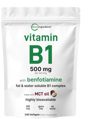Micro Ingredients Vitamin B1 softgels with MCT oil for gentle absorption and energy support.