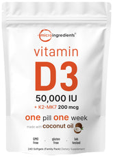 Micro Ingredients Vitamin D3 + K2 softgels front of bottle for weekly wellness support
