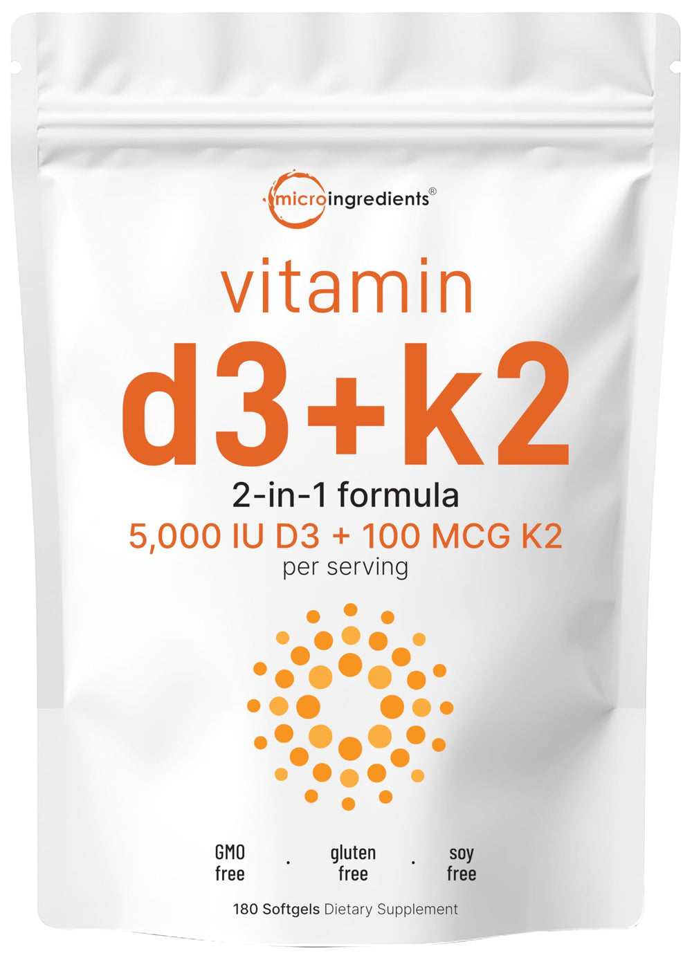 Micro Ingredients Vitamin D3 K2 bottle front view—180 softgels for daily support.