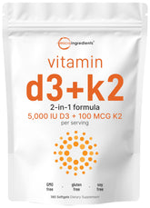 Micro Ingredients Vitamin D3 K2 bottle front view—180 softgels for daily support.