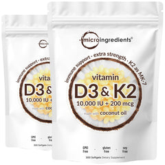 Micro Ingredients vitamin D3 + K2 bottle showing 2-in-1 formula for daily wellness.