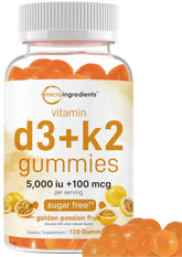 Micro Ingredients Vitamin D3 K2 Gummies bottle front highlights golden passion fruit flavor and daily bone support.