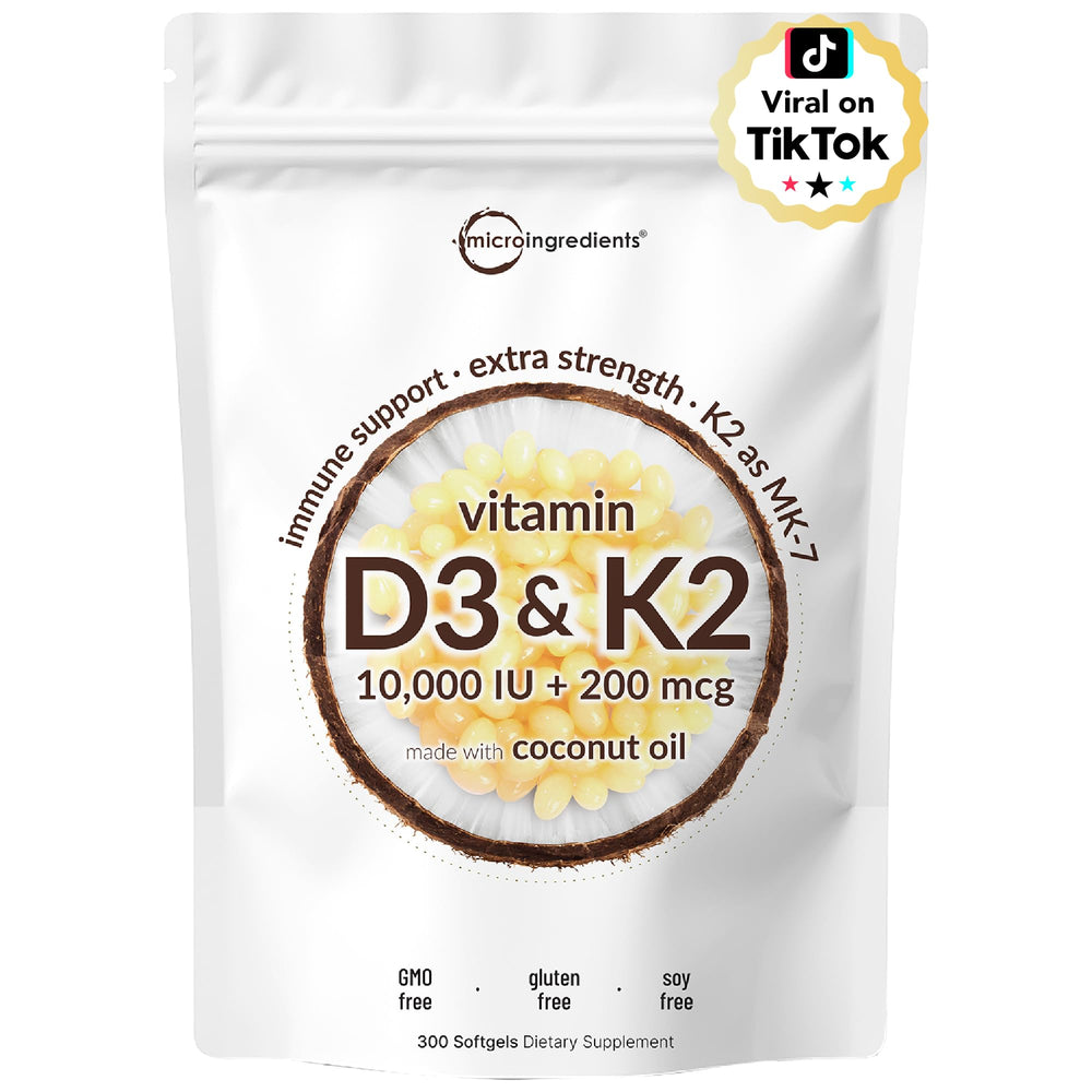 Micro Ingredients vitamin D3 softgels bottle showing high-potency 10,000 IU and 200 mcg K2.