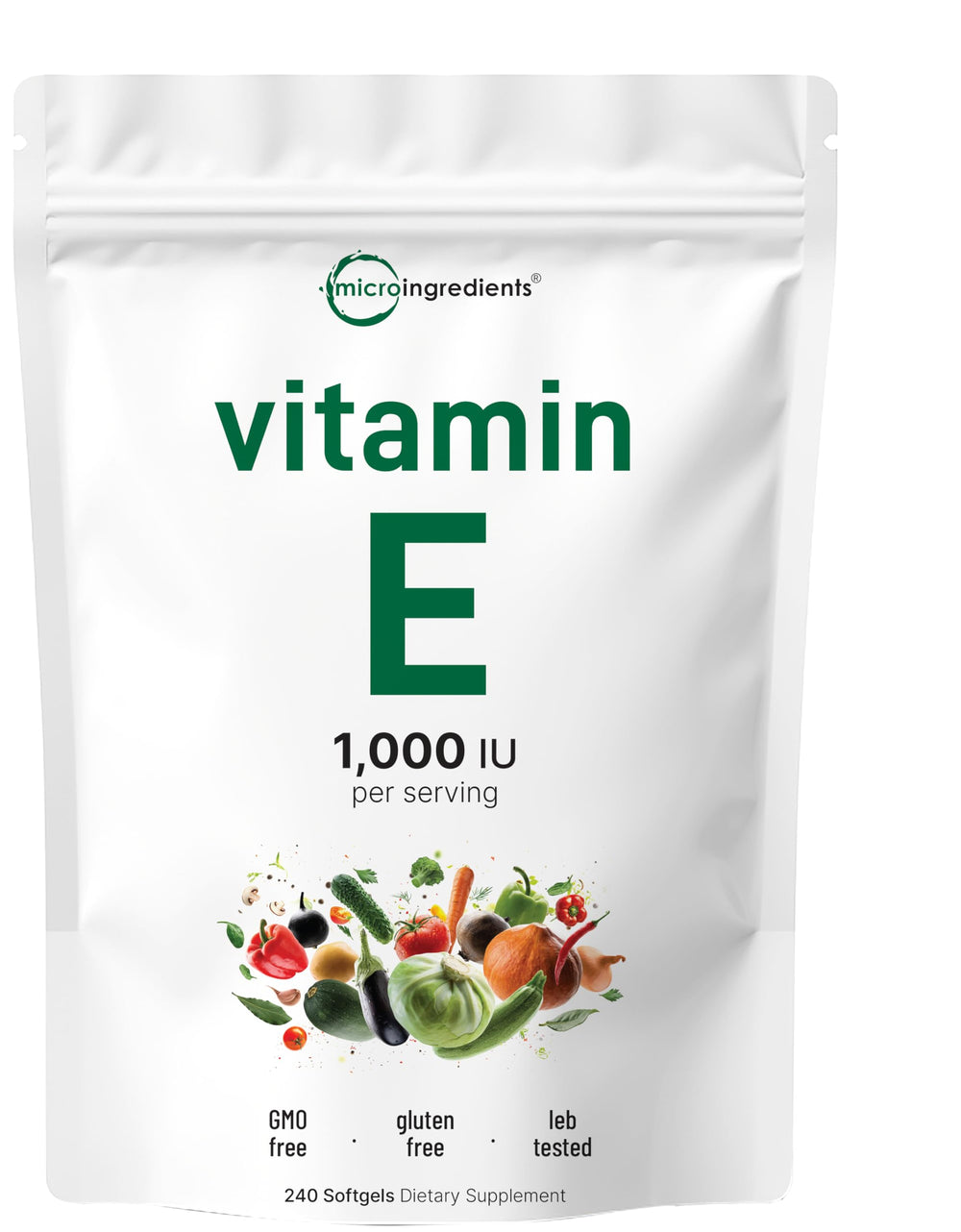 Micro Ingredients Vitamin E softgels close-up highlighting pure dl-alpha tocopherol formulation.