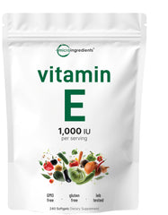 Micro Ingredients Vitamin E softgels close-up highlighting pure dl-alpha tocopherol formulation.