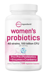 Micro Ingredients women's probiotic bottle featuring 100B CFU and diverse strains for daily balance