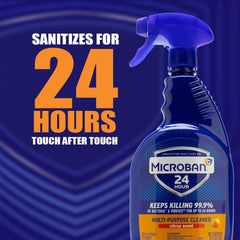 Microban 24 spray indicating 99.9% bacteria reduction on treated surfaces.