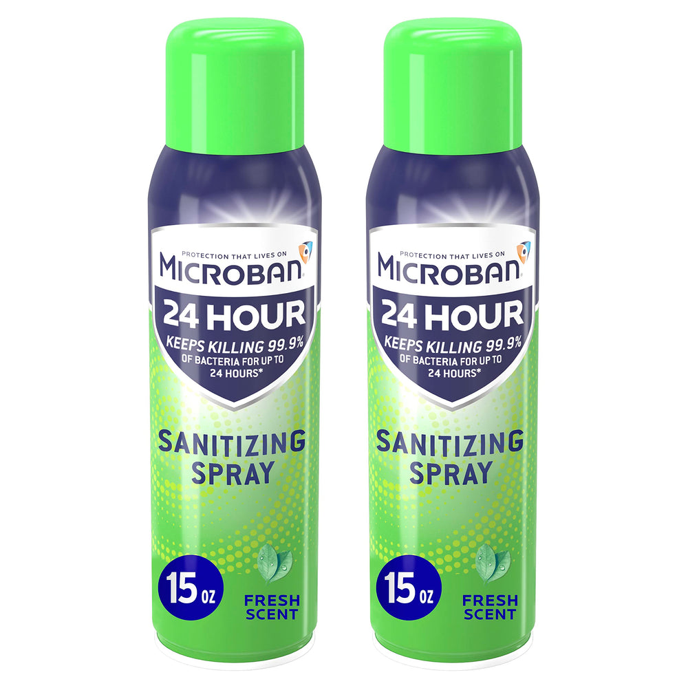 Microban disinfectant spray bottle showing 24-hour sanitizing action on surfaces.
