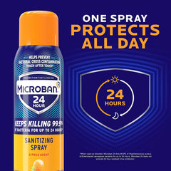 MICROBAN sanitizing spray used on a kitchen counter for quick cleansing