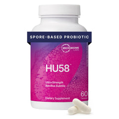Microbiome Labs HU58 bottle front highlighting 10B CFU spore probiotic for digestion.