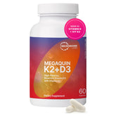 MegaQuin D3 + K2 bottle front for daily bone and immune support.