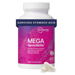 Microbiome Labs MegaSporeBiotic bottle front for gut health support.