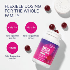 MegaSporeBiotic Kids ingredients panel, non-GMO, dairy-free, soy-free, berry-flavored chewables