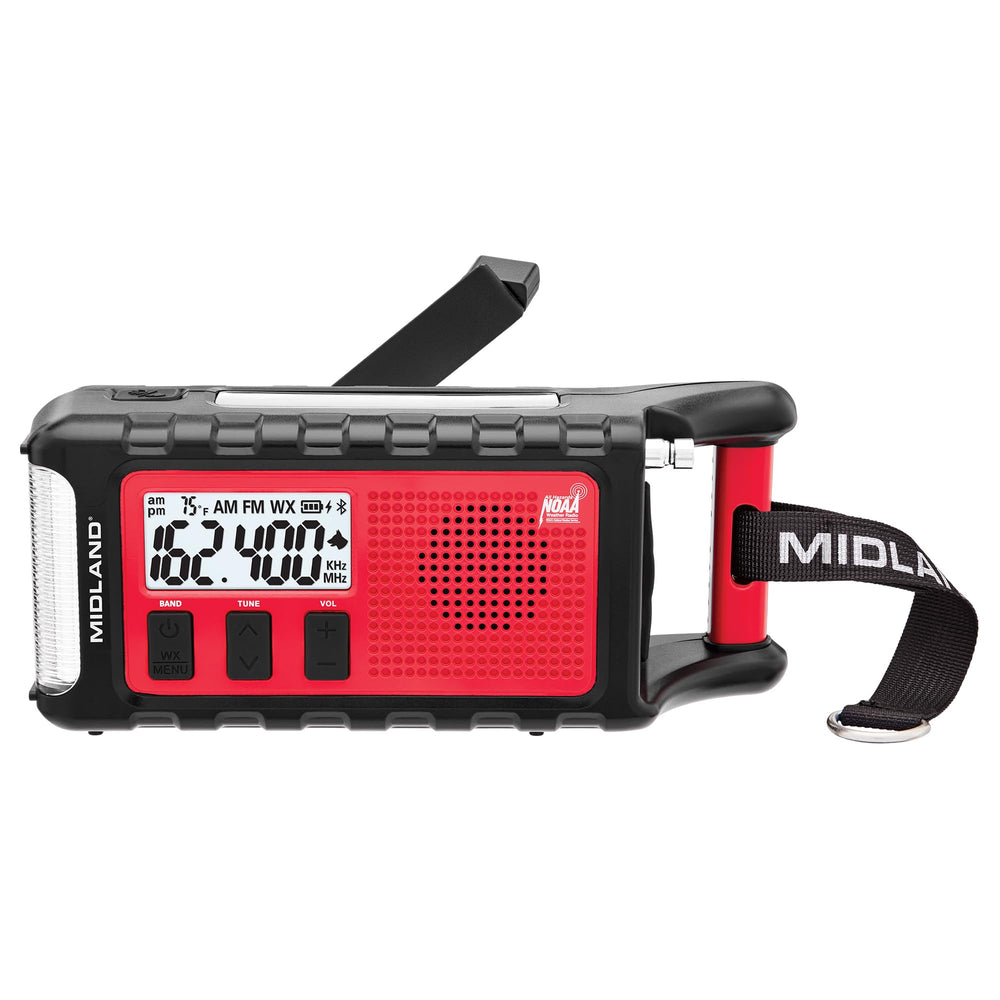 Midland ER310PRO emergency radio with Bluetooth for weather updates and music on the go.