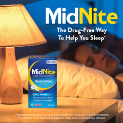 MidNite Back To Sleep bottle label closeup shows gluten-free and vegan icons.