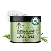 Mielle Organics Rosemary and Mint Edge Control Gel jar close-up showing strong hold and nourishment.