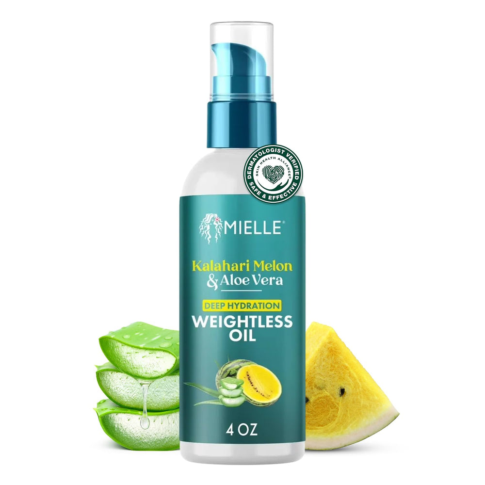 Mielle Organics Weightless Hair Oil bottle close-up with Kalahari Melon for deep hydration.