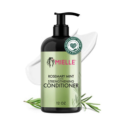 Mielle Rosemary Mint Strengthening Conditioner bottle demonstrates easy detangling and hydration.