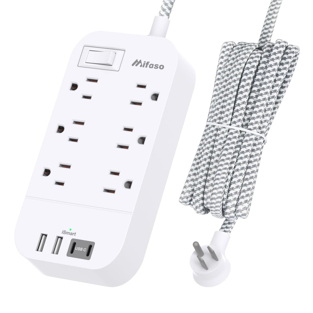 Mifaso power strip with flat plug, ideal for wall-mount and space saving