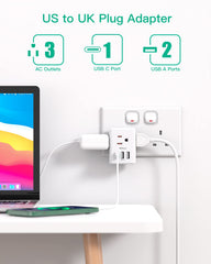 Mifaso US to UK Type G plug with USB ports enabling simultaneous device charging