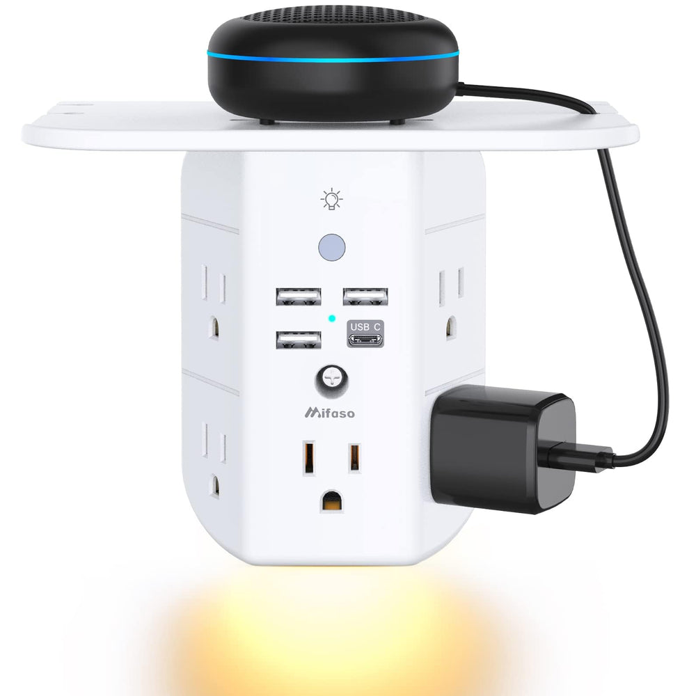 Mifaso wall outlet extender with shelf and night light for bedside organization.