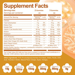 Migcopat 10G Gummies bottle label highlights probiotic blend and fiber.
