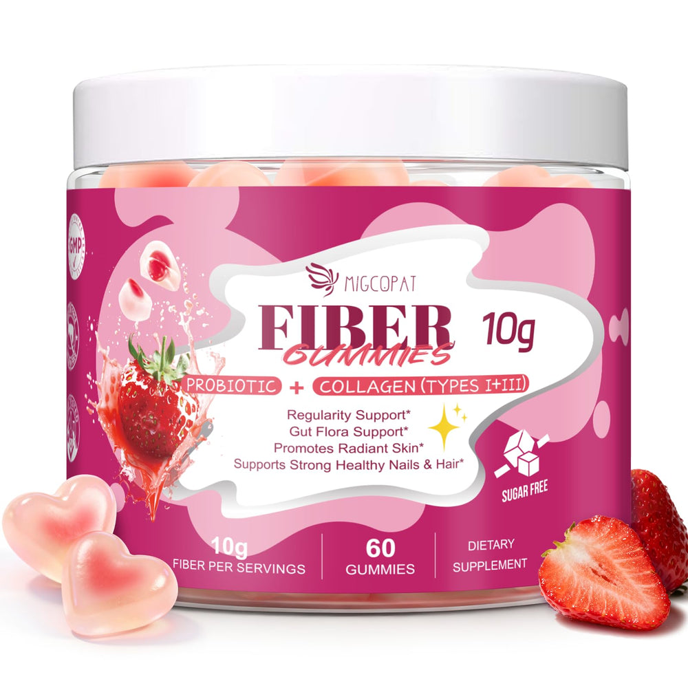 Migcopat fiber gummies bottle showing 10g fiber per serving for digestive support.