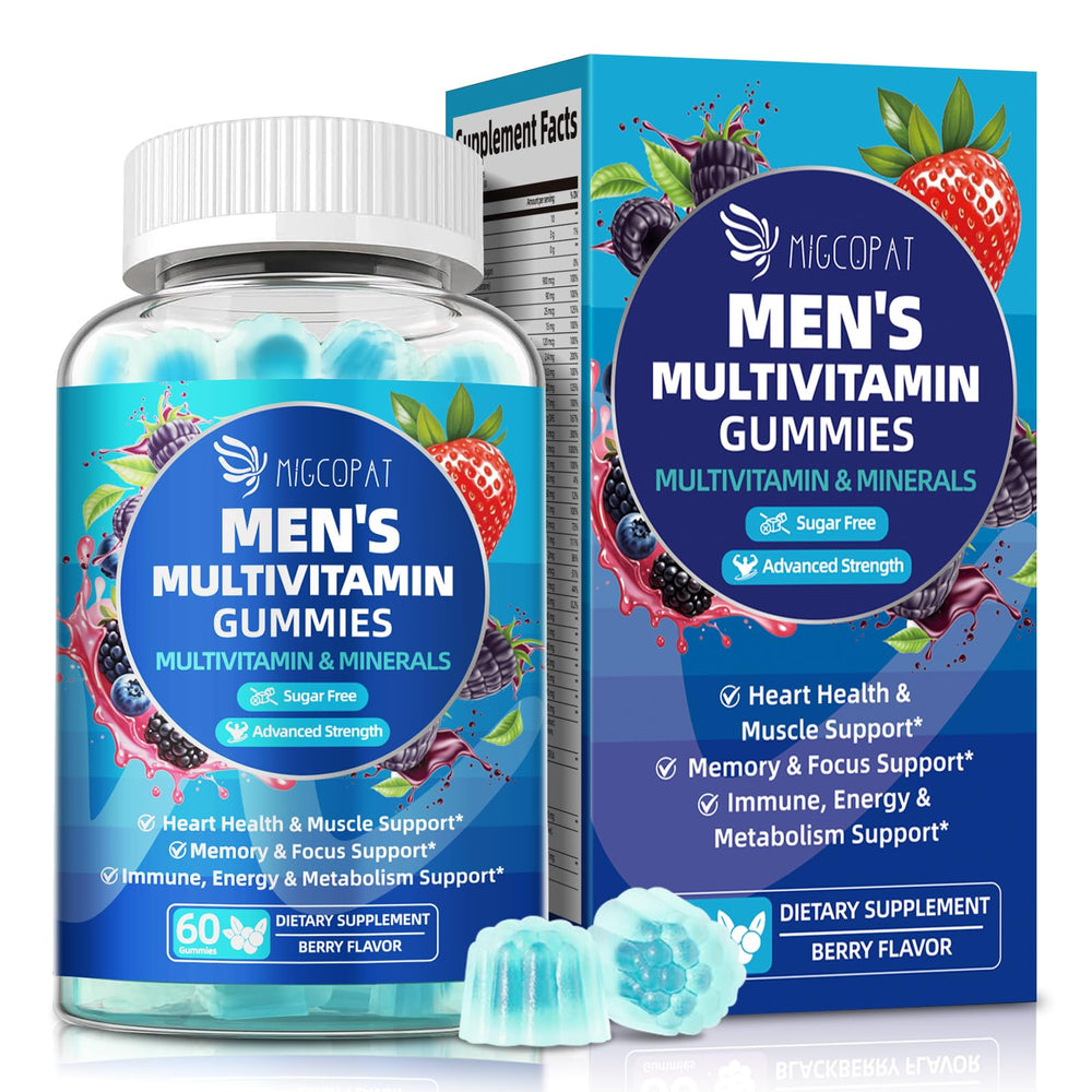 Migcopat men's multivitamin gummies berry bottle for daily energy support.