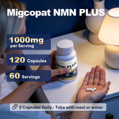 Migcopat NMN 5-in-1 ingredients graphic shows resveratrol, apigenin, quercetin and black pepper