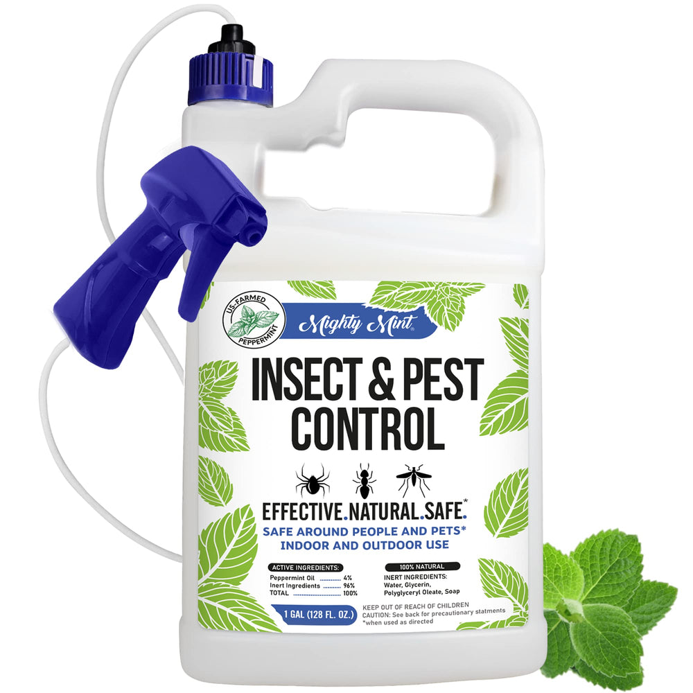 Mighty Mint gallon bottle front view, highlighting the 128 oz size for home pest protection.