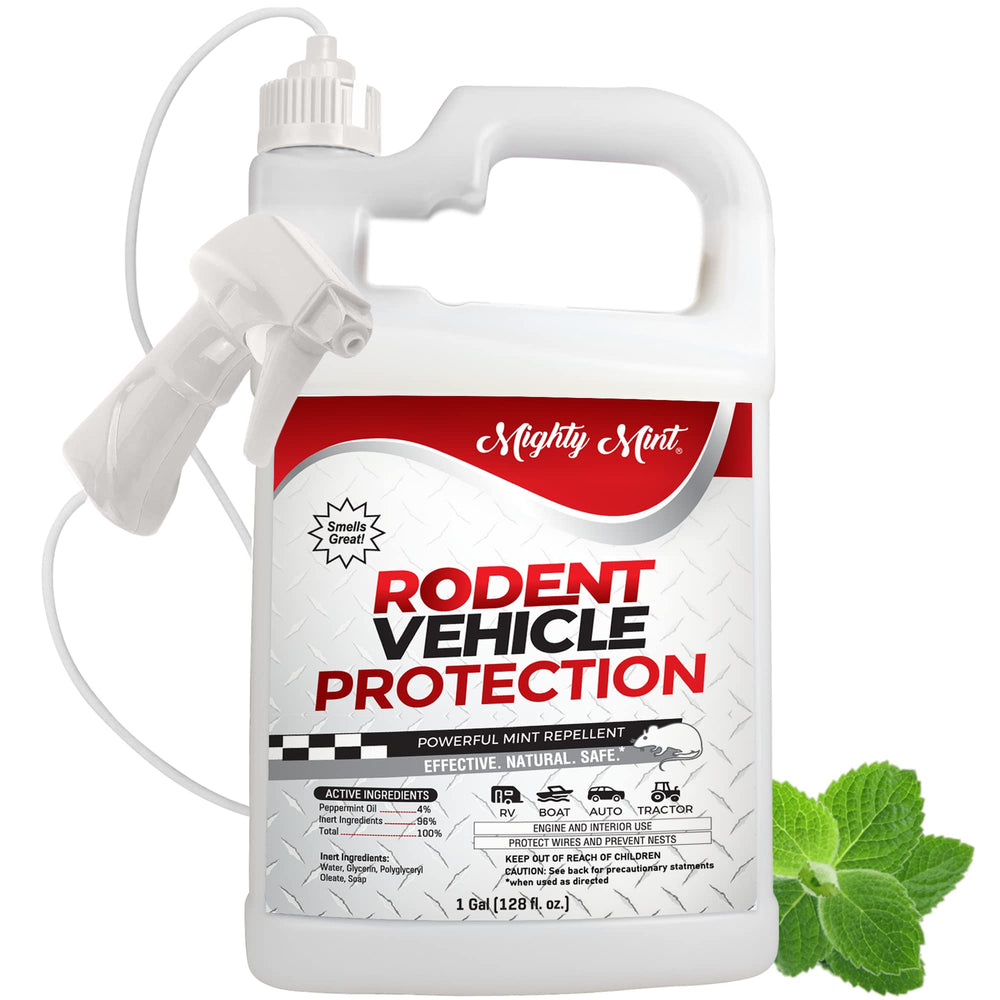 Mighty Mint gallon in engine bay deters rodent chewing with fresh scent.
