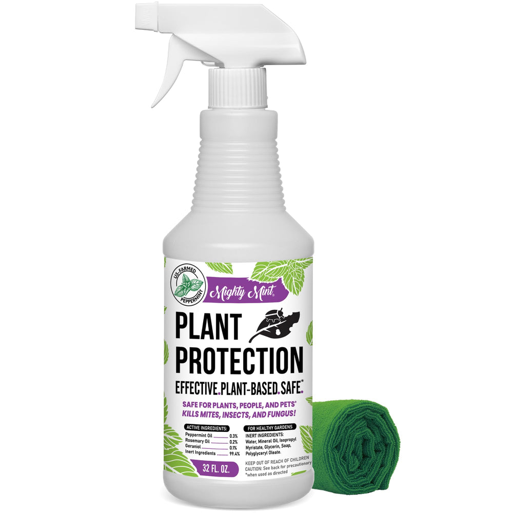 Mighty Mint peppermint oil plant protection spray bottle ready for use on plants.