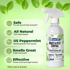 Mighty Mint peppermint oil spray application shown for pest control use.