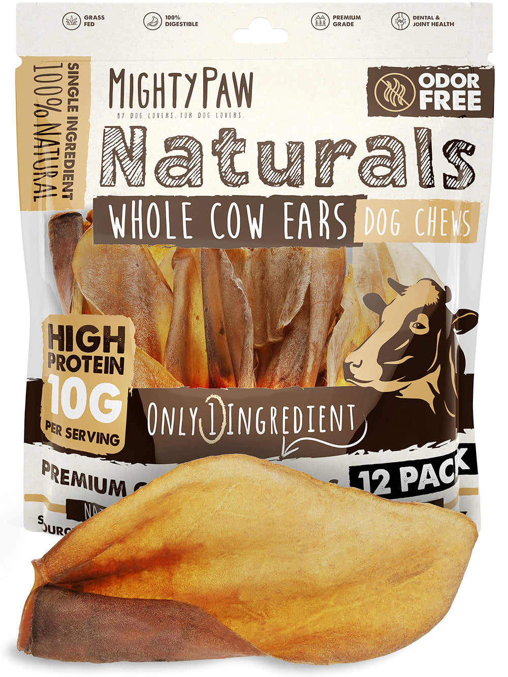 Mighty Paw cow ears for dogs in an open pack, protein-rich chew for dogs.