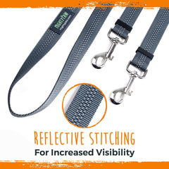 Waterproof webbing and reflective stitching on Mighty Paw leash for low light safety