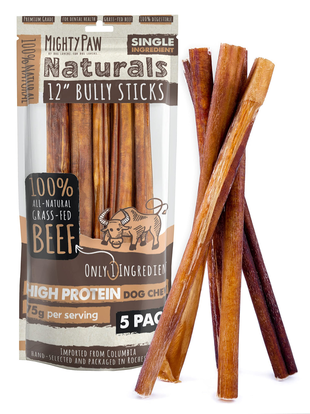 Mighty Paw long-lasting bully stick 12in for durable canine chewing