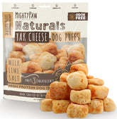 Mighty Paw Yak Cheese Puffs bag front with natural ingredients highlighted.