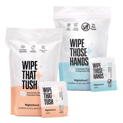 MightyGood Wipe That Tush 30-count wipe, individually wrapped for on-the-go freshness.
